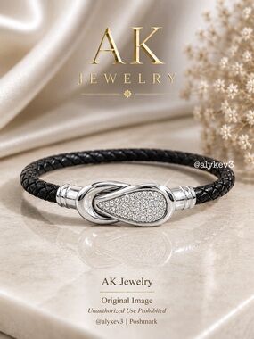 💎LUXURY Black Braided Leather Bracelet with Pavé Crystal Magnetic Clasp